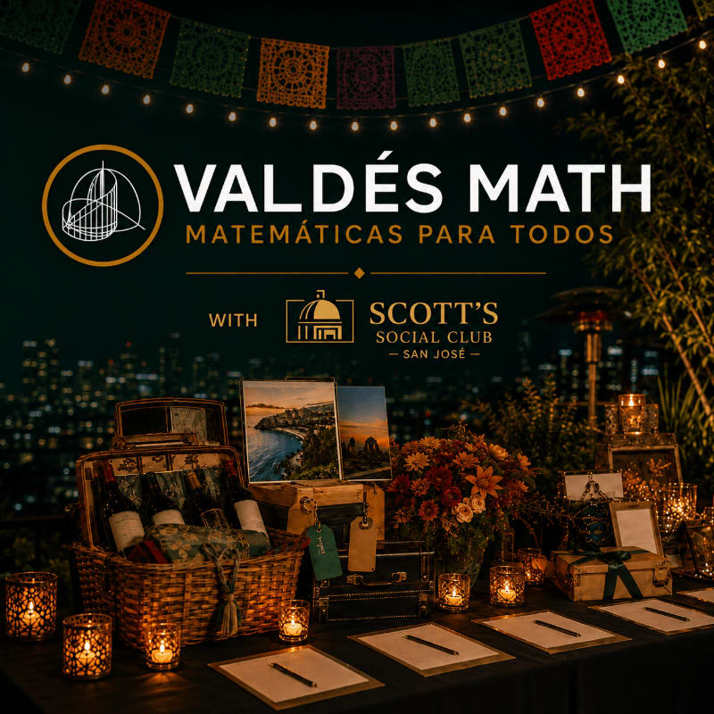 A festive table with a basket of wine, artwork, and candles is set against a backdrop of city lights and colorful banners.