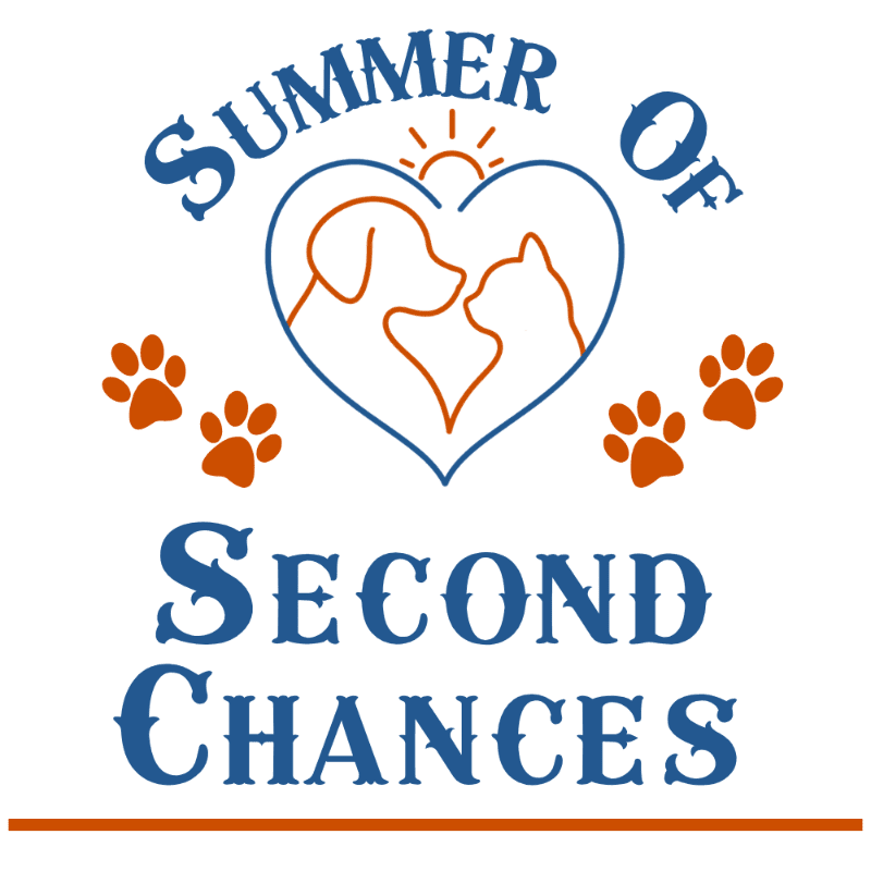 A stylized heart with a dog and cat silhouette is surrounded by paw prints and the words "SUMMER OF SECOND CHANCES" in blue lettering against a white background.