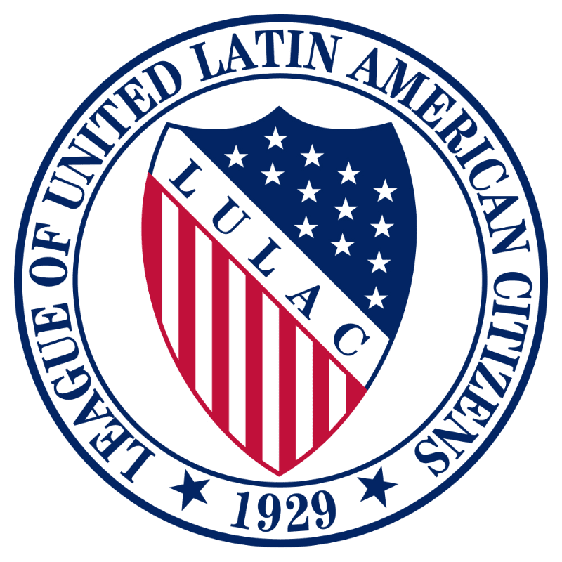 A circular emblem with the words "LEAGUE OF UNITED LATIN AMERICAN CITIZENS" and "1929" surrounds a shield divided into red and white stripes on the left and blue with white stars on the right, with "LULAC" written across the center.