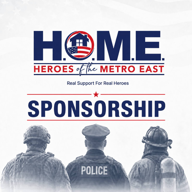 Three uniformed heroes, a firefighter, a police officer, and a soldier, stand with their backs to the viewer against a background of patriotic branding for "HOME Heroes of the Metro East."