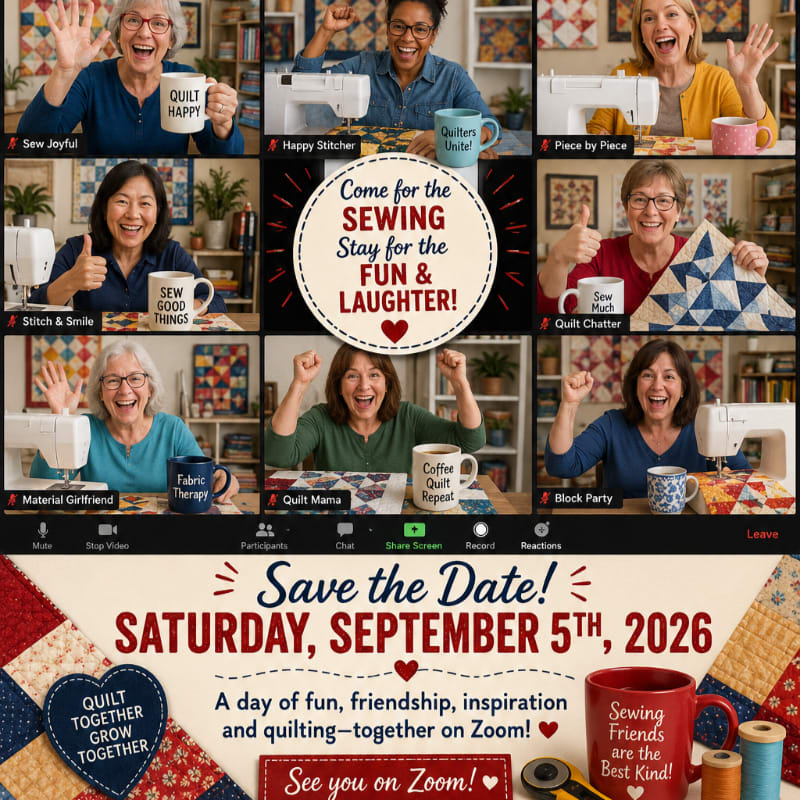 Nine smiling women are shown in a Zoom call grid, with a "Save the Date" announcement below featuring quilting imagery.