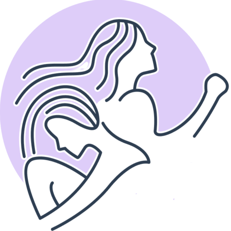 Two stylized female figures, one bowed in sorrow and the other with an uplifted fist, are outlined against a soft purple circle.