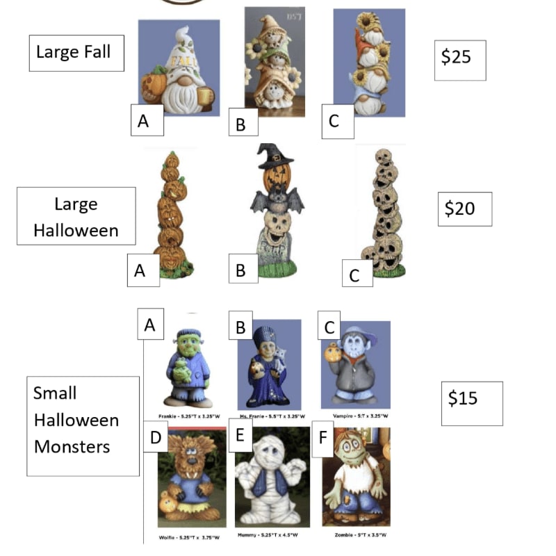 Rows of ceramic fall and Halloween figures, ranging from large to small, are displayed against a white background with price tags.