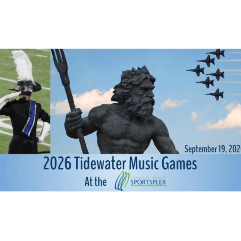 A marching band member in uniform stands on a field in the foreground, while a statue of Neptune and a formation of fighter jets are in the background.