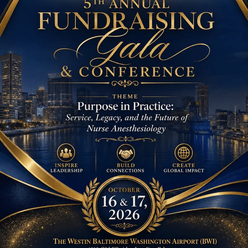 A dark blue background with a city skyline at dusk behind a gold and blue design promoting the 5th Annual Fundraising Gala & Conference.