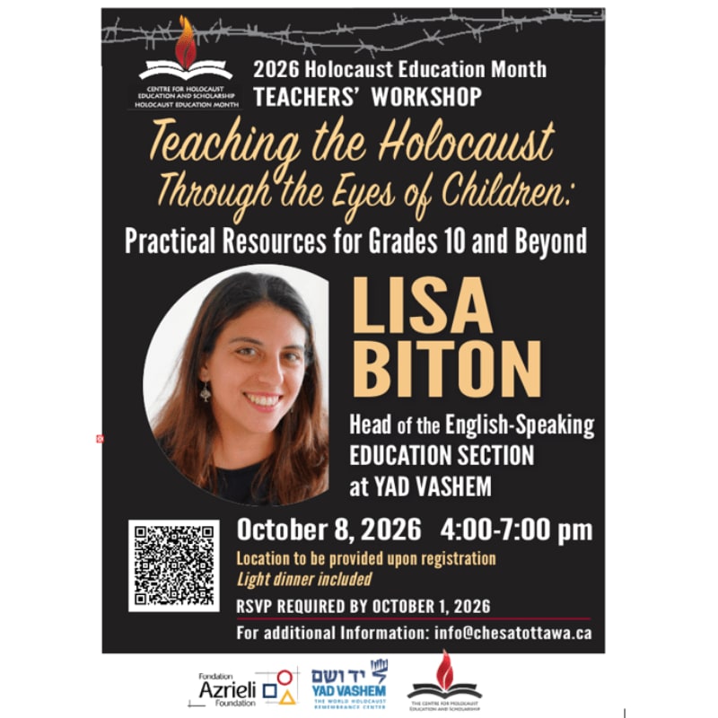 A poster advertises a Holocaust Education Month teachers' workshop featuring Lisa Biton, Head of the English-Speaking Education Section at Yad Vashem, with barbed wire and a candle motif in the background.