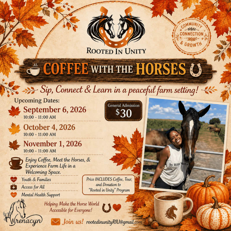 Autumn leaves and pumpkins frame a flyer for "Coffee with the Horses" in a peaceful farm setting, featuring a smiling woman with a horse in the foreground.