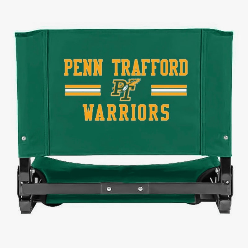 A green stadium seat with "PENN TRAFFORD WARRIORS" emblazoned on it sits on a plain white background.