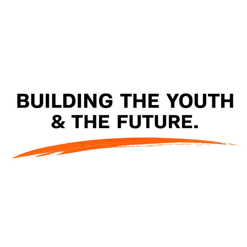 Black text reading "BUILDING THE YOUTH & THE FUTURE." is overlaid on a white background with an orange brushstroke beneath it.