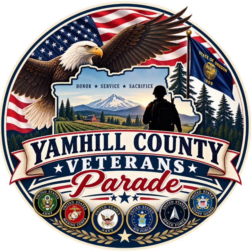 An eagle soars over a patriotic scene of mountains, fields, and a soldier, with the Yamhill County Veterans Parade text prominently displayed below, all framed by the American flag and the Oregon state flag.