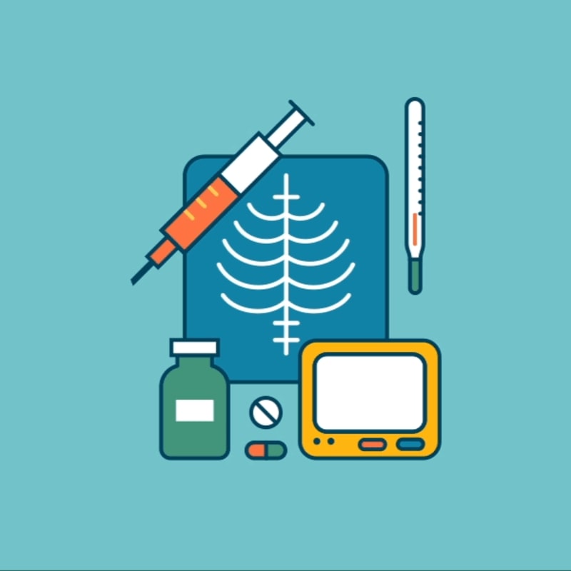 A syringe, X-ray, thermometer, medicine bottle, pills, and a monitor are arranged on a teal background.