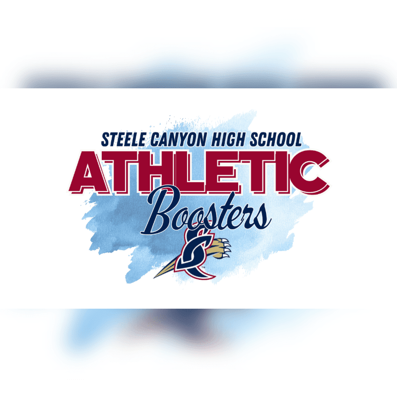 A blue watercolor splash behind the words "STEELE CANYON HIGH SCHOOL ATHLETIC Boosters" and a cougar mascot logo are in the foreground, with a white background.