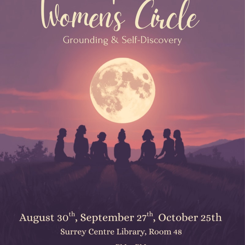 Silhouetted figures sit in a circle on a grassy hill beneath a large full moon, with text announcing "Women's Circle Grounding & Self-Discovery" above.