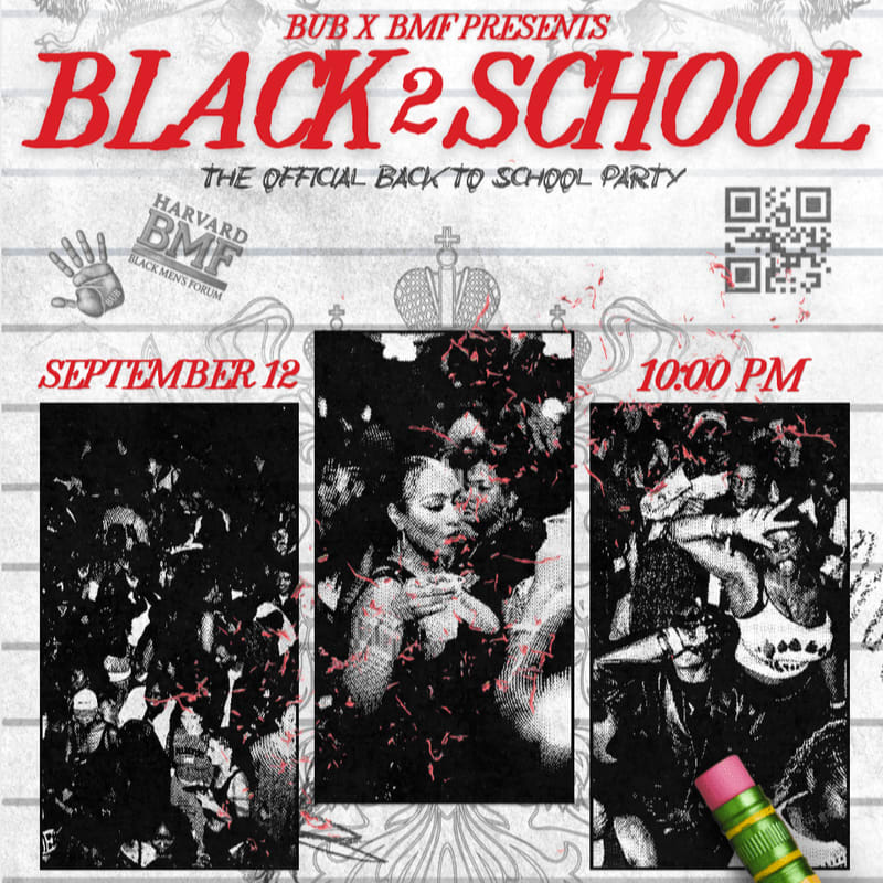 A flyer for a "Black 2 School" party, featuring images of a crowd and event details, is overlaid with red text and graphics.