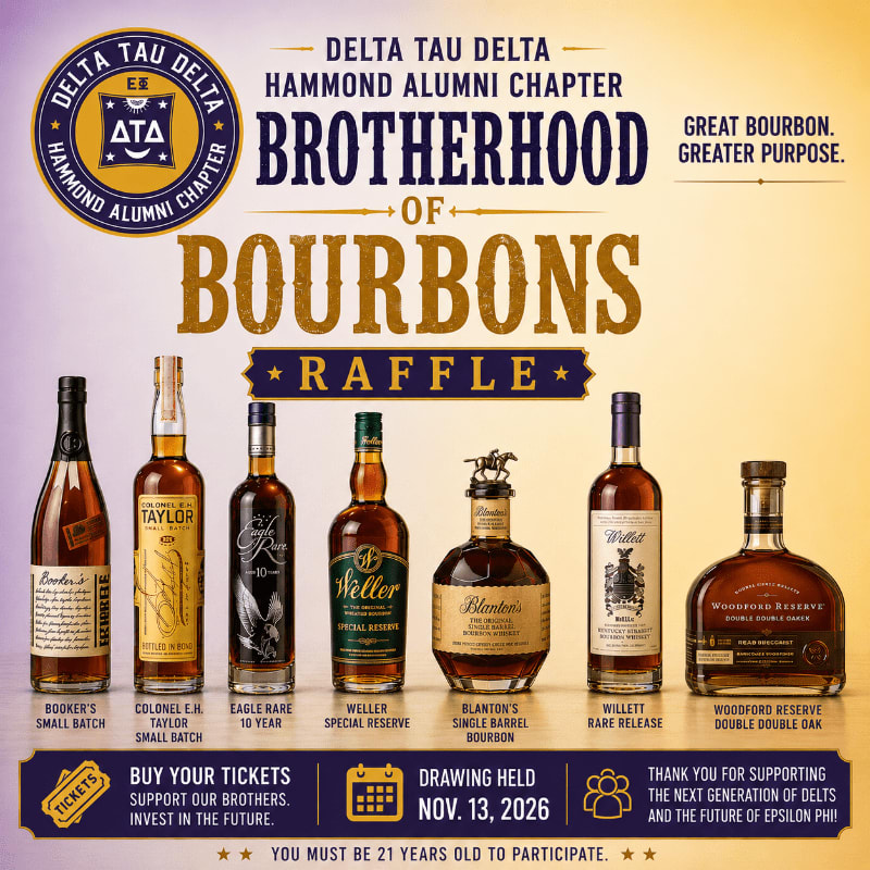 Seven bottles of bourbon stand in the foreground against a yellow and purple background advertising a Delta Tau Delta raffle.