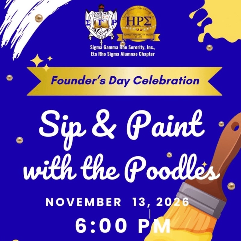 A bright yellow paintbrush with yellow paint splatters is in the foreground against a royal blue background with text announcing a "Founder's Day Celebration" Sip & Paint event.