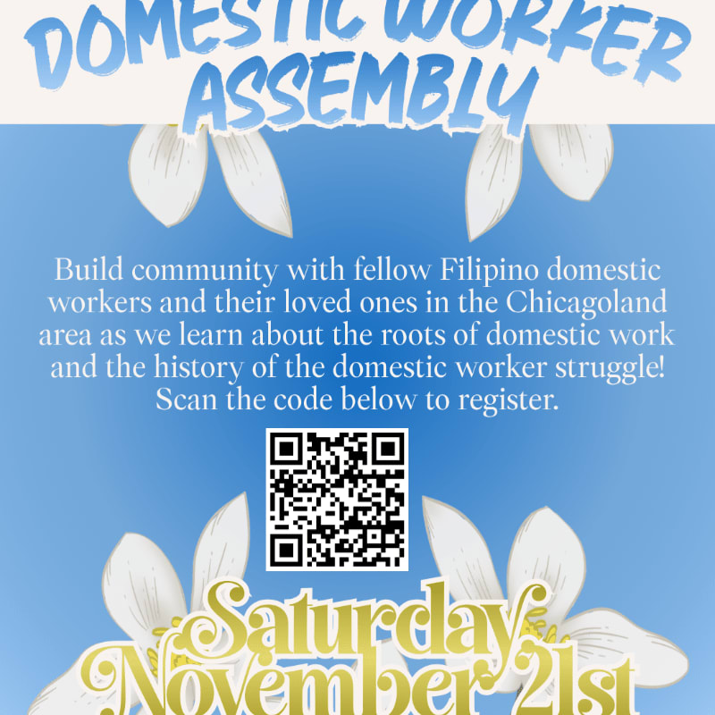 A blue background with white floral accents frames text about a domestic worker assembly, a QR code for registration, and the event date.