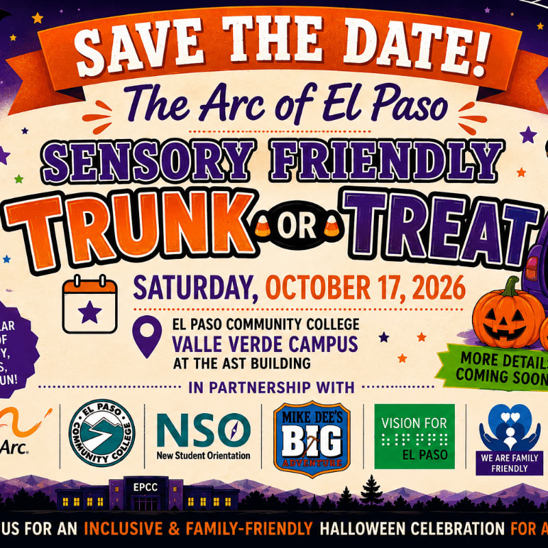 A vibrant "Save the Date" poster for a Sensory Friendly Trunk or Treat event in El Paso features a cartoon pumpkin and candy corn in the foreground, with the event details and partner logos set against a starry, nighttime background.
