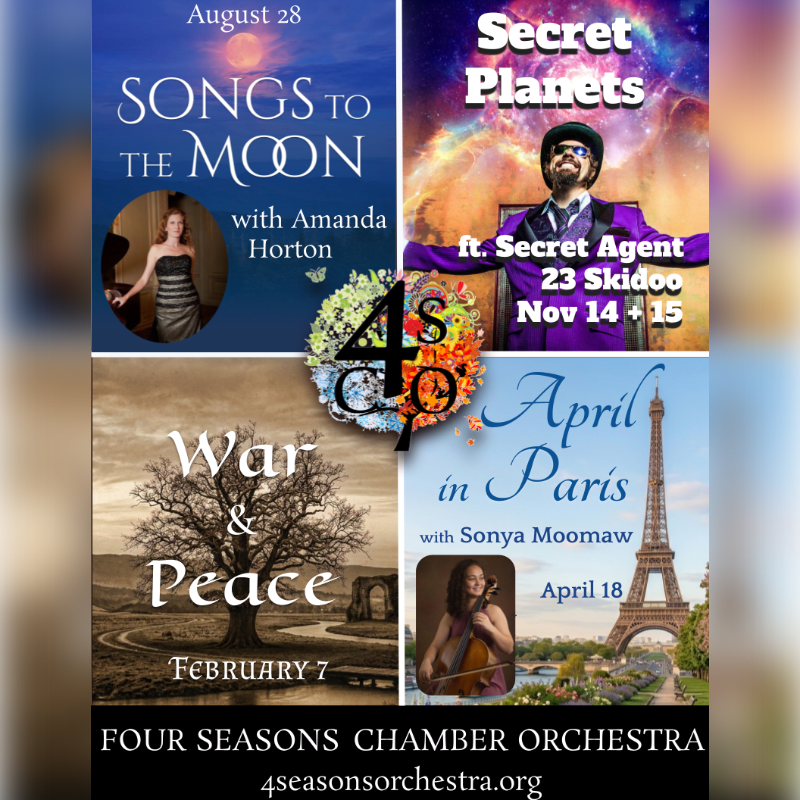 Four concert advertisements are arranged in a grid, with the "Four Seasons Chamber Orchestra" logo in the center and their website at the bottom.