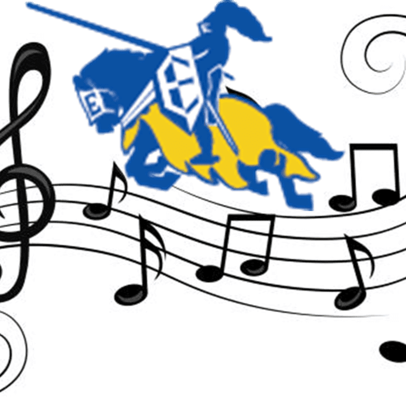 A blue and yellow knight on horseback rides across a staff of musical notes, with decorative swirls in the background.