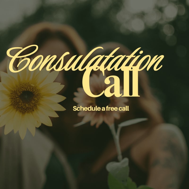 Two sunflowers are in the foreground with a blurred background of two people and text that reads "Consultation Call Schedule a free call".