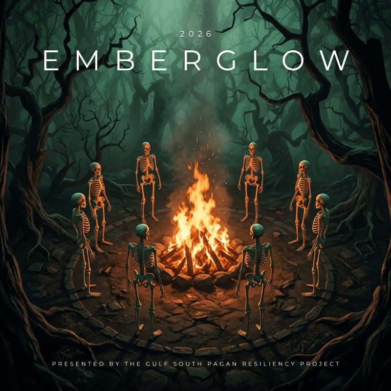 Skeletons stand in a circle around a bonfire in a dark, spooky forest, with the words "EMBERGLOW 2026" prominently displayed above.