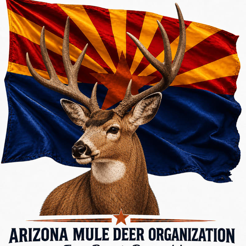 A majestic mule deer with large antlers stands in the foreground against a backdrop of the Arizona state flag.