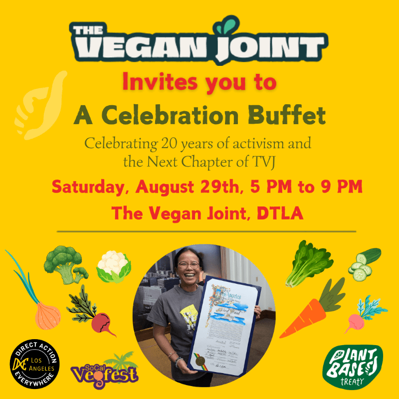 A woman holds a certificate in front of a vibrant yellow background featuring cartoon vegetables and event details for "The Vegan Joint" celebration.