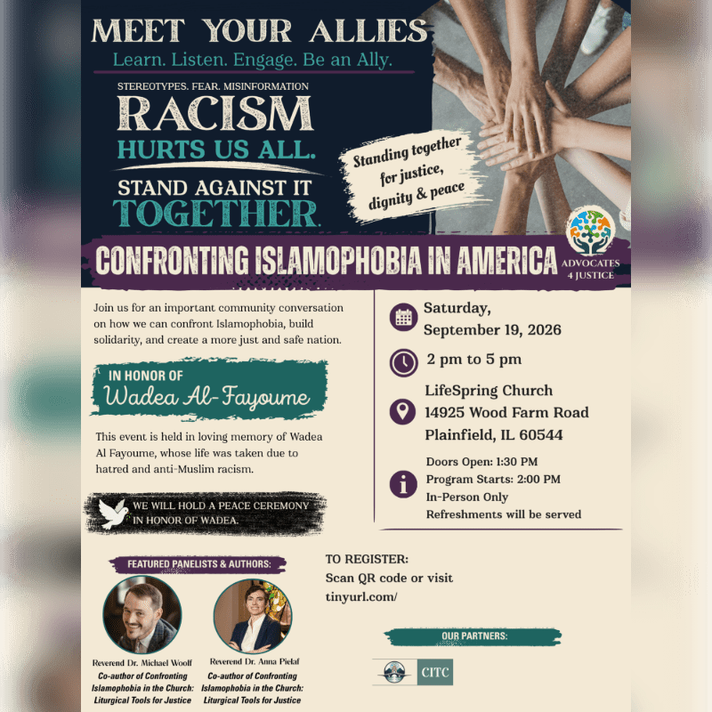 A flyer for an event titled "Confronting Islamophobia in America" is displayed against a background of hands clasped together.