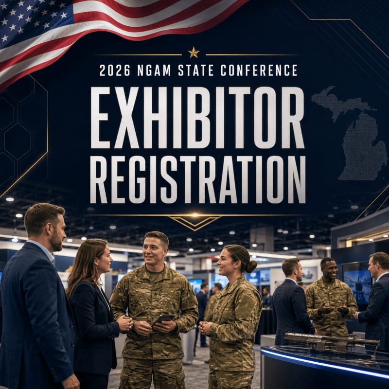 In the foreground, a diverse group of people in business attire and military uniforms converse, while the background features an exhibition hall with displays and an American flag overhead, all under the banner of the "2026 NGAM State Conference Exhibitor Registration."