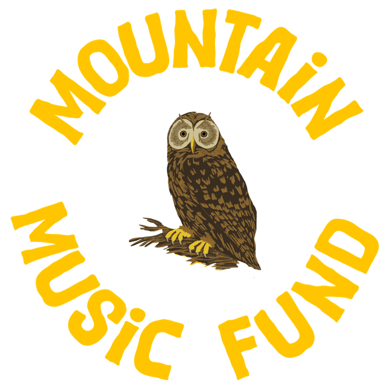 A brown owl perched on a branch is centered within a yellow circular text that reads "MOUNTAIN MUSIC FUND."