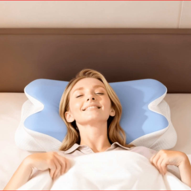 A woman with closed eyes rests her head on a blue and white contoured pillow in a bed with a brown headboard.