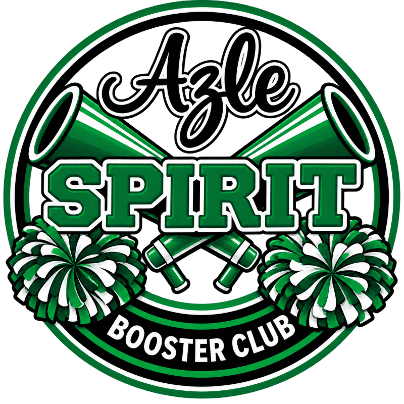 Two green and white pom-poms are in the foreground, with two crossed green megaphones and the words "Azle SPIRIT BOOSTER CLUB" in the background, all within a circular emblem.