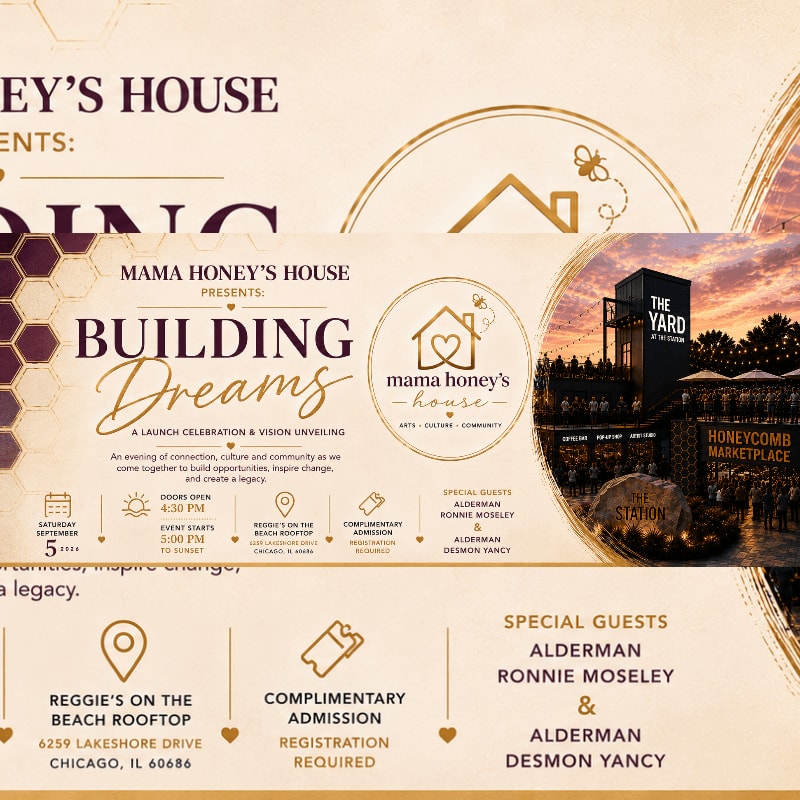 A flyer for "Mama Honey's House Building Dreams" event is displayed with event details in the foreground and a nighttime cityscape with "The Yard" visible in the background.