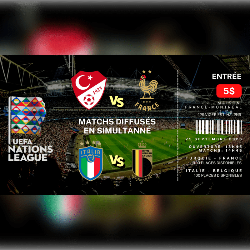 A ticket for the UEFA Nations League features a stadium crowd in the background and team logos for Turkey vs. France and Italy vs. Belgium in the foreground.