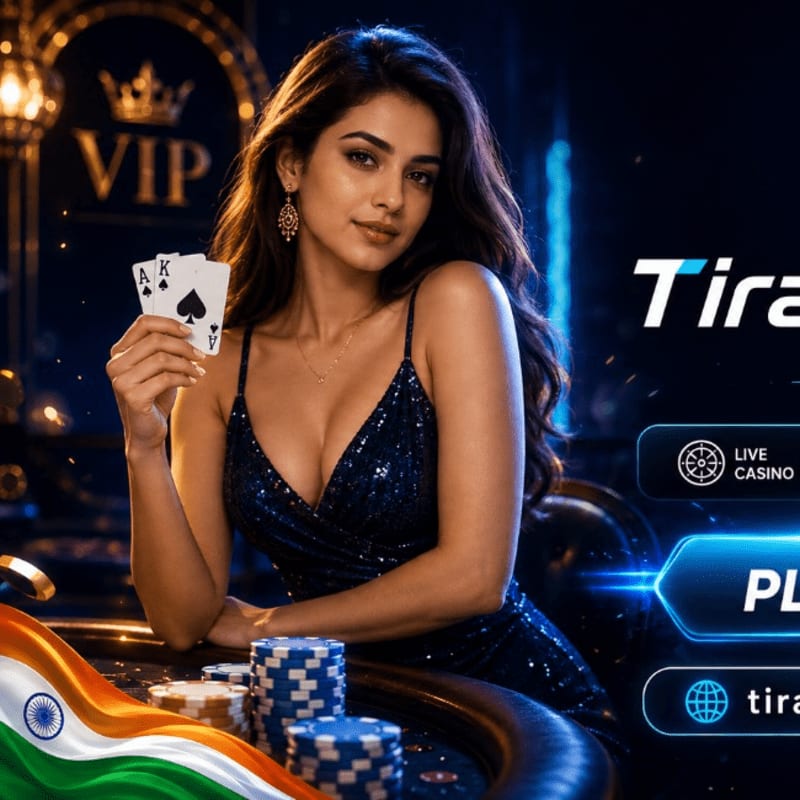 A woman in a sparkly dress holds playing cards at a casino table with chips and an Indian flag in the foreground, while a "VIP" sign and casino branding are visible in the background.