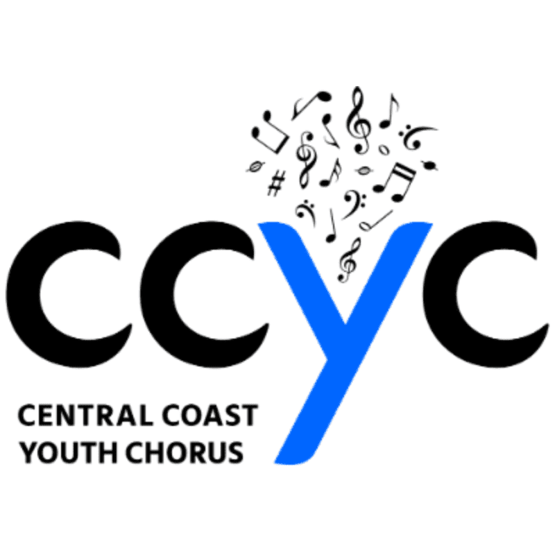 Black and white letters "cc" and "c" frame a blue "Y" in the foreground, with musical notes scattered above and behind the letters against a white background.