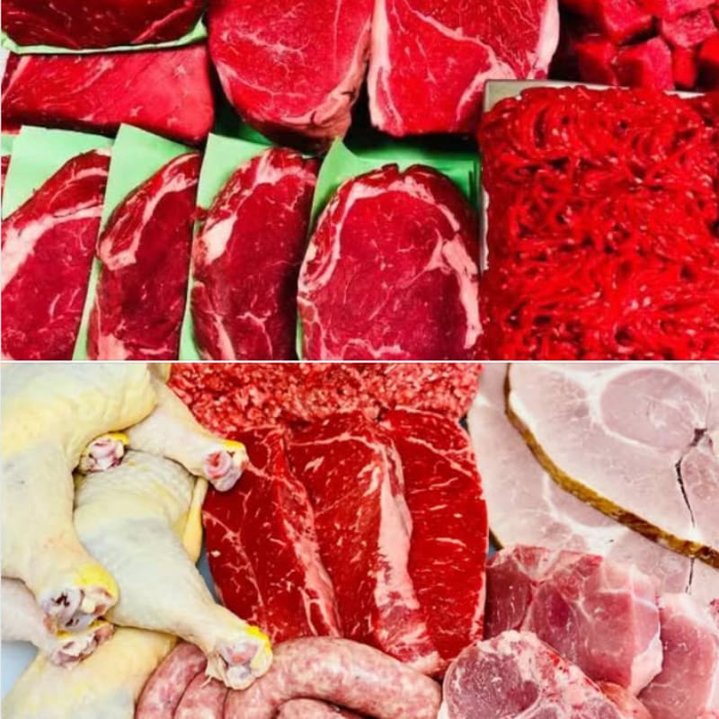 Raw cuts of beef, ground beef, chicken legs, and pork are displayed in the foreground, with more beef cuts visible in the background.