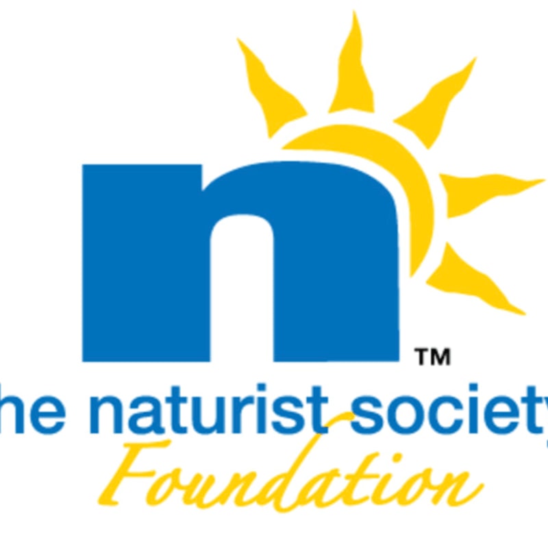 A blue letter "n" is superimposed on a yellow sun in the foreground, with the words "the naturist society Foundation" written below in blue and yellow text against a white background.