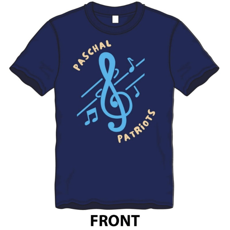 A navy blue t-shirt displays a light blue treble clef with musical notes and the words "PASCHAL PATRIOTS" in a light yellow arc against a white background.