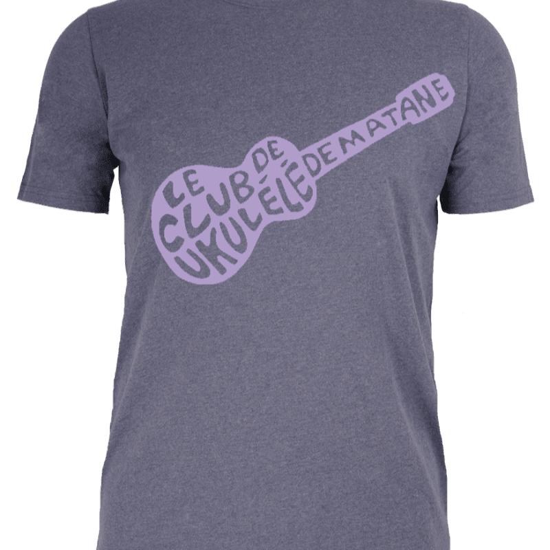 A grey t-shirt with a purple ukulele-shaped graphic containing text is displayed against a white background.
