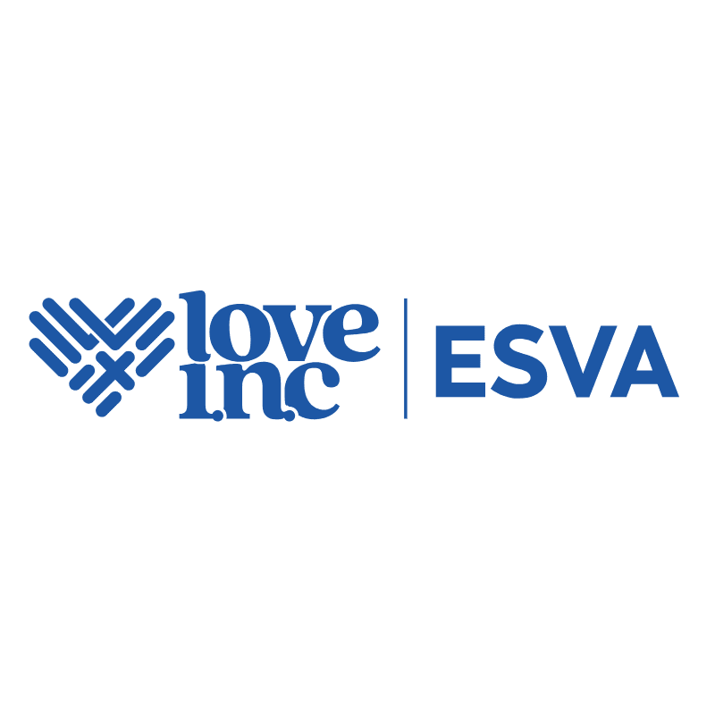 A blue heart logo with the words "love inc" is on the left, and "ESVA" is on the right, all against a white background.