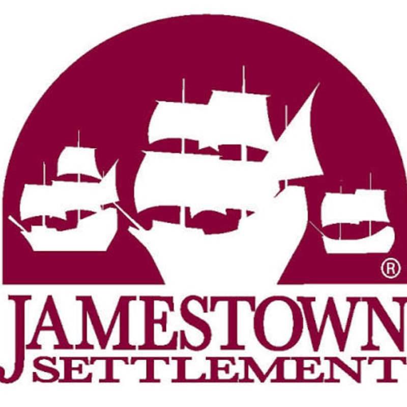Three white sailing ships are silhouetted against a maroon semi-circle, with "JAMESTOWN SETTLEMENT" written in white text below.