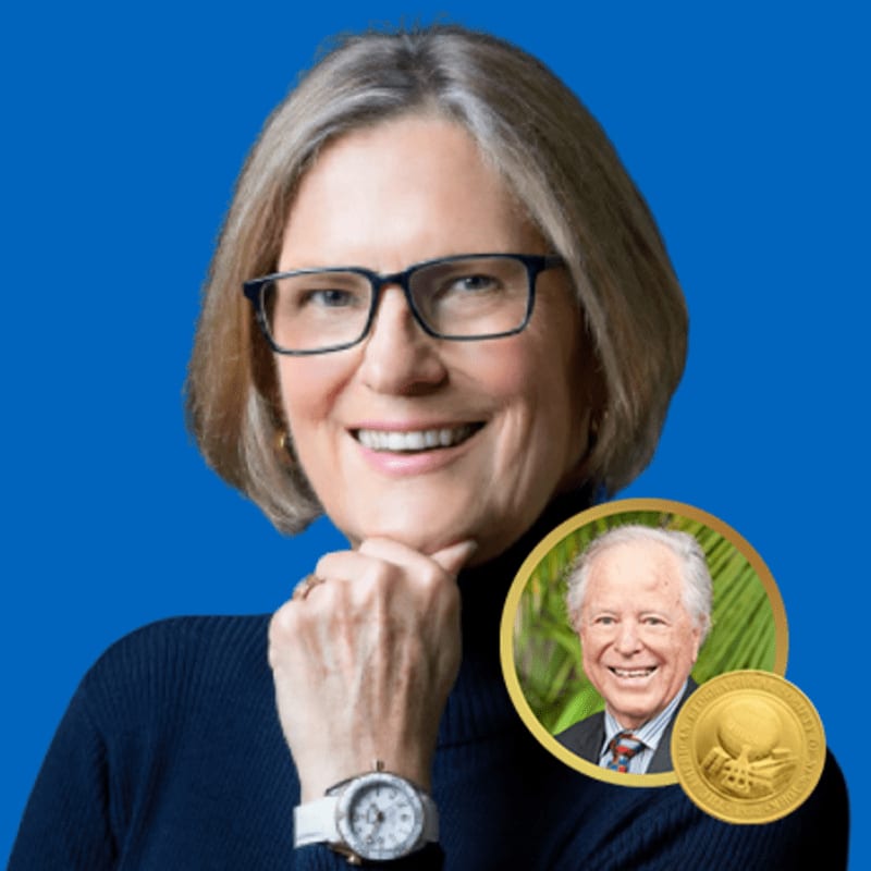 A woman with glasses and a watch rests her chin on her hand in the foreground, with a circular inset of an older man in the background against a blue backdrop.