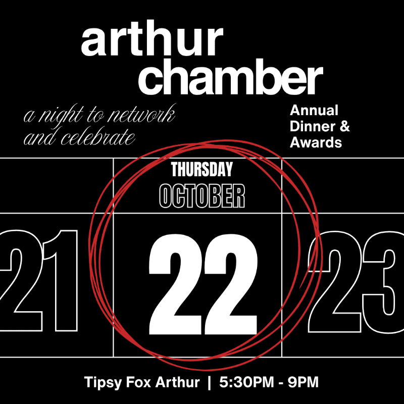 A black background features white text announcing the Arthur Chamber Annual Dinner & Awards on Thursday, October 22nd, with a red circle highlighting the date and event details at the bottom.