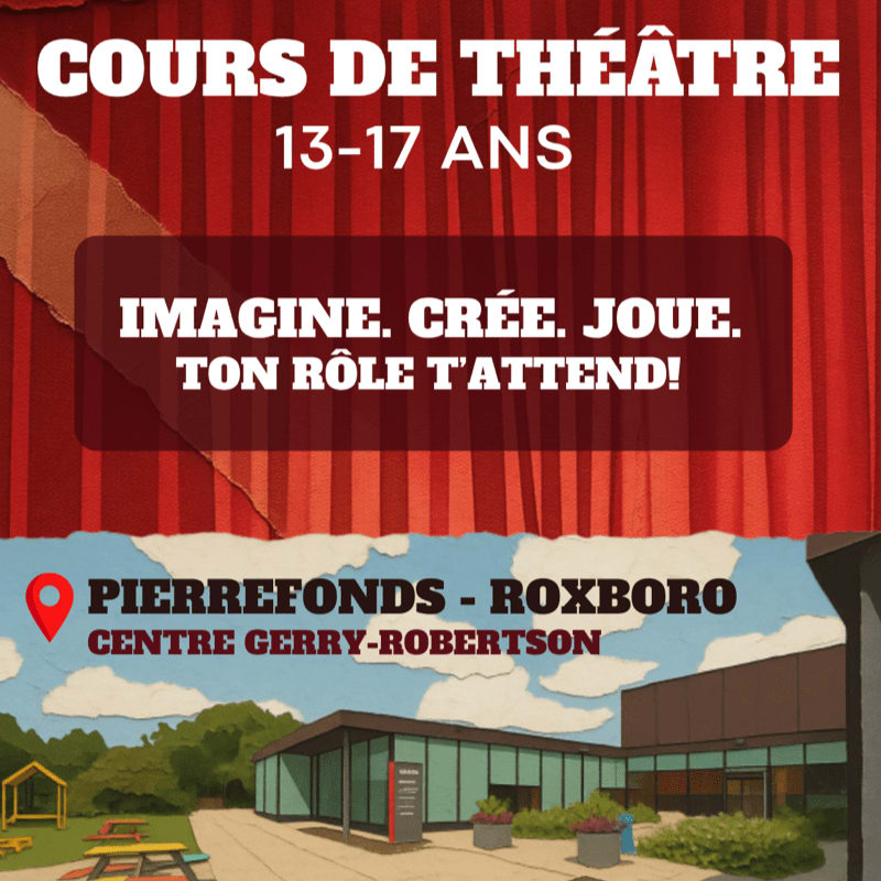 Red stage curtains frame text about a theater class for ages 13-17, with a modern building and outdoor area in the background.