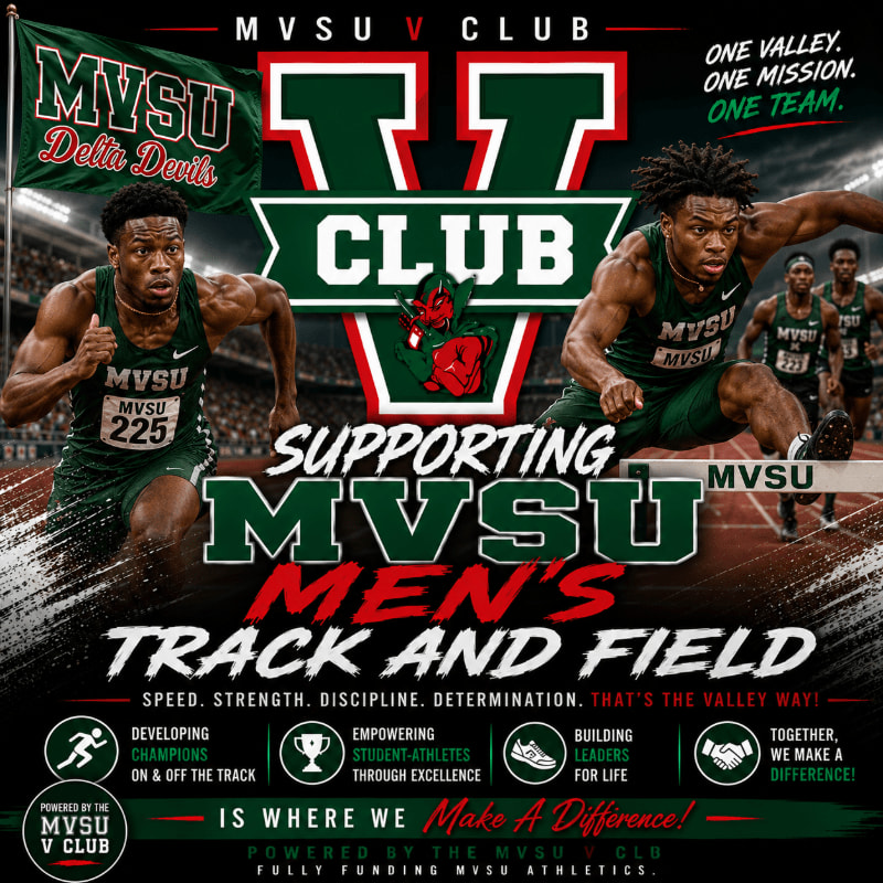 Two male track athletes in green uniforms sprint on a track in the foreground, with a large "MVSU CLUB" logo and motivational text in the background.