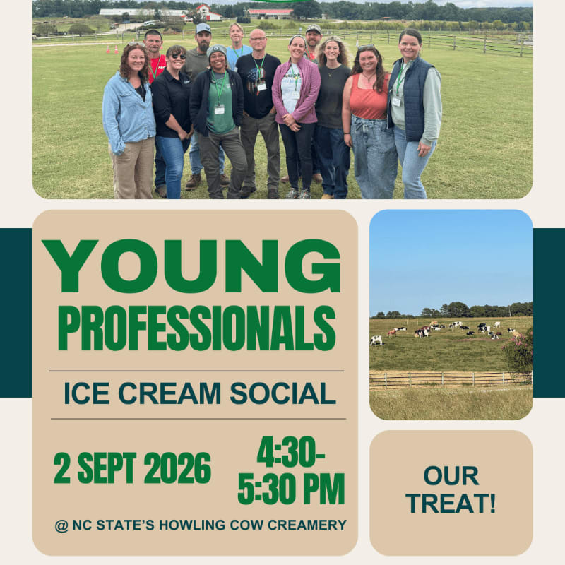 A group of young professionals stands in a grassy field with cows grazing in the background, while text announces an ice cream social.