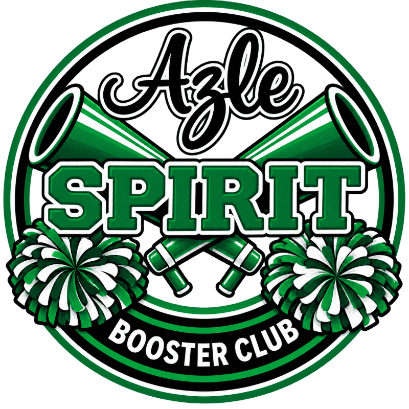 Two green and white pom-poms are in the foreground, with two crossed green megaphones and the words "Azle SPIRIT BOOSTER CLUB" in the background, all within a circular emblem.