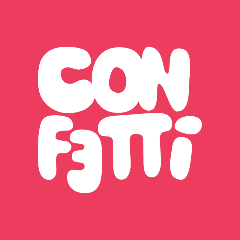 White, bubbly letters spelling "CON FETTI" float against a vibrant pink background.